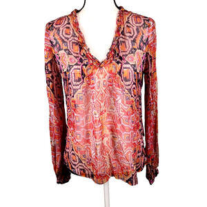 Elie Tahari 100% Silk Abstract Sheer Blouse Beaded Neck Blouson Sleeve Size M